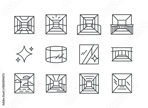 Glass Skybridge Icons. Glass skybridges. Line icon set of Glass skybridges: transparent floor, glass panels, glass ceiling, light reflection icon, panoramic