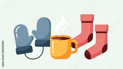 Cozy winter accessories including mittens, socks, and a warm cup of coffee on a cold day