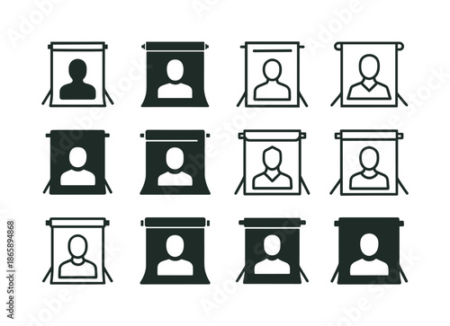 Studio Portrait Logos. Taking portraits in a studio. Icon set. Set Logo of Taking portraits in a studio: backdrop roll. harmonious logo variations of the same
