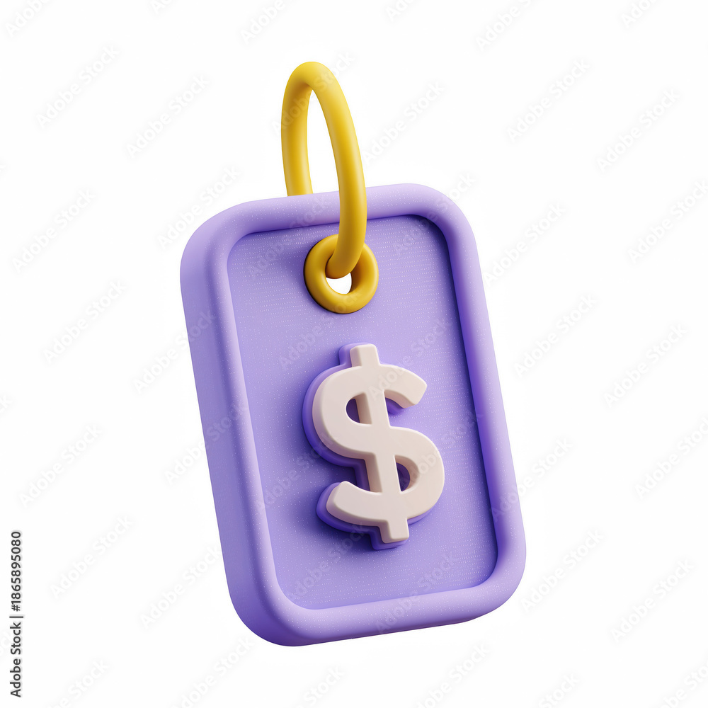 Obraz premium 3D cute cartoon price tag icon with dollar sign, purple hanging label with yellow ring isolated on transparent background.