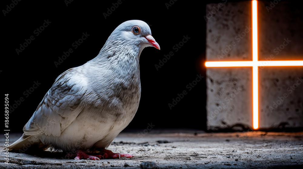 Fototapeta premium Pigeon perched in a dimly lit space with glowing geometric shapes creating an artistic ambience