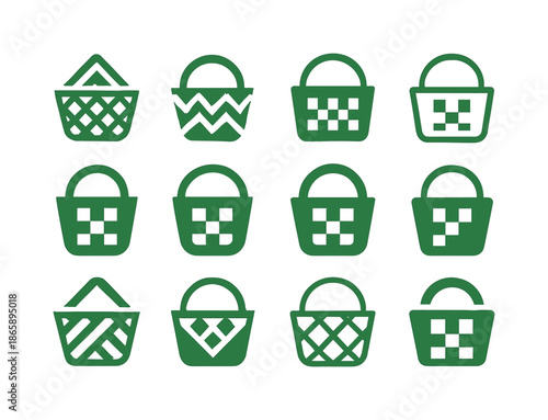 June Picnic Icons. June picnic in the park. Icon set. Set Logo of June picnic in the park: picnic basket handle detail. harmonious logo variations of the same