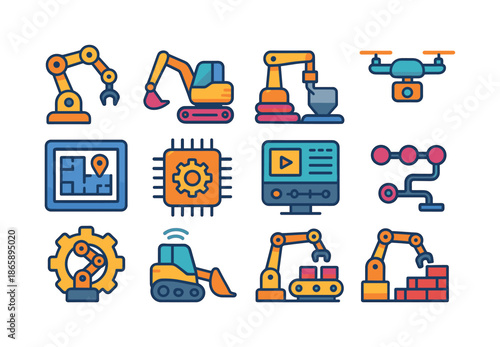 Construction Automation Icons. Construction automation. Colorful flat vector icons set of construction automation: robotic arm, automated excavator,