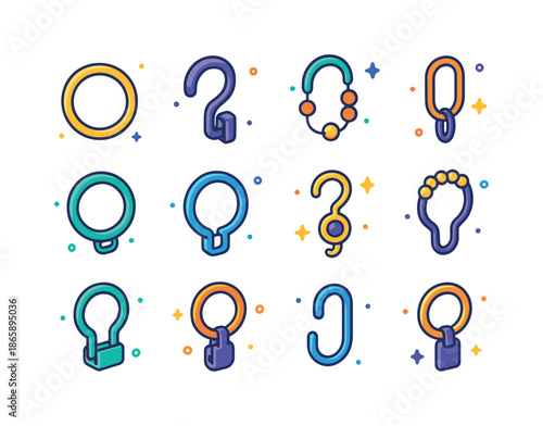 Colorful Shower Ring Icons. Shower Curtain Ring. Colorful isometric vector icons set of Shower Curtain Ring: circular ring, hook clip, sliding bead, curtain