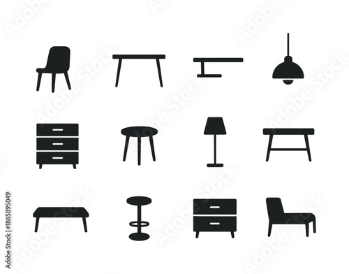 Modern Furniture Icons. Modern furniture. Solid icon set of Modern furniture: minimalist chair, metal leg table, wall shelf, pendant lamp, storage unit, side