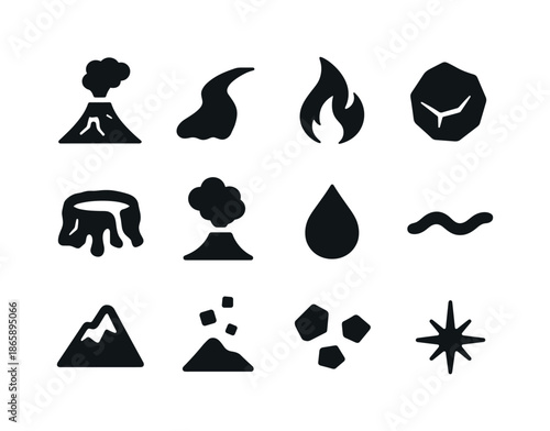 Lava Flow Icons. Lava Flow. Solid icon set of lava flow: volcano, lava stream, flame, rock, crater, smoke, molten droplet, wave line, mountain, ash, debris,