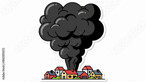 Dark, billowing smoke erupts from a row of cartoon houses