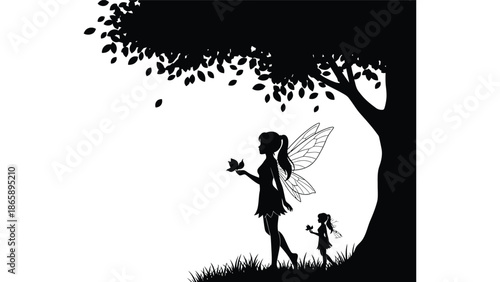 A whimsical scene depicting a fairy with wings and another smaller fairy in a dark silhouette
