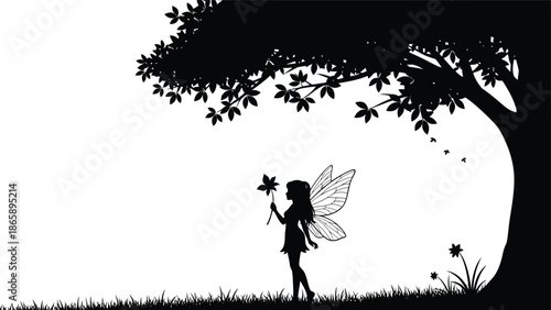 a delicate scene of a fairy standing beneath a tree with leaves rendered as a striking silhouette