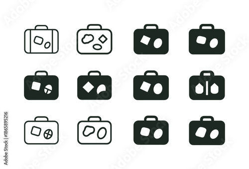 Road Trip Icons. Road trip. Icon set. Set Logo of Road trip: suitcase with stickers. harmonious logo variations of the same emblematic concept, each with