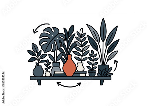 Tropical Jungle Shelf. Tropical shelf styling. A shelf packed with vivid leaves, tiny pots, and warm-toned objects feels like a compact jungle. Curved arrows
