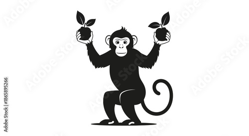 A playful monkey balances two round fruits on its paws creating a whimsical and charming silhouette
