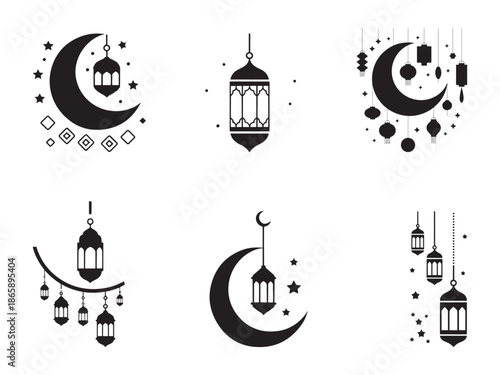 Illuminated crescent moon with hanging lanterns