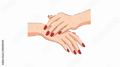 Delicate hands with crimson nails, one caressing the other