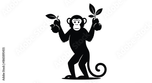 a playful monkey holding two fruits above its head a charming black silhouette high quality professional