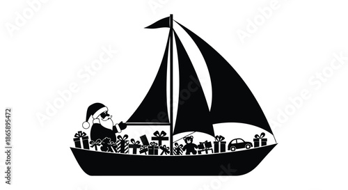 a striking black silhouette depicts a sailing ship with passengers on deck appearing at sea silhouette