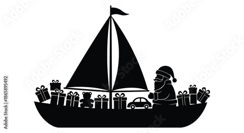 a festive scene depicting a sailboat brimming with christmas gifts and santa claus silhouette high quality