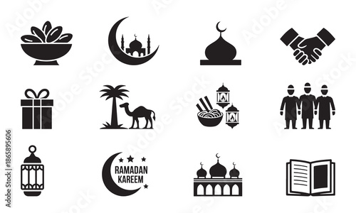 Eid Mubarak Islamic Icon Set with Mosque, Gift, Family and Prayer Symbols