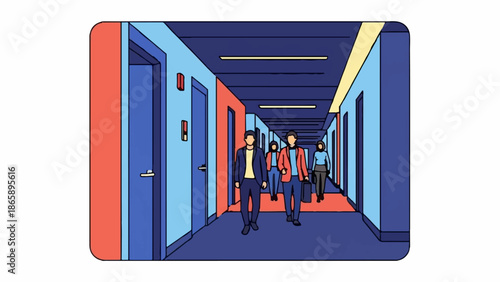 People walk down a brightly colored hallway with multiple doors