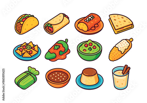 Mexican Cuisine Icons. Mexican cuisine. Colorful isometric vector icons set of Mexican cuisine: taco, burrito, enchilada, quesadilla, tamale, nachos, chiles