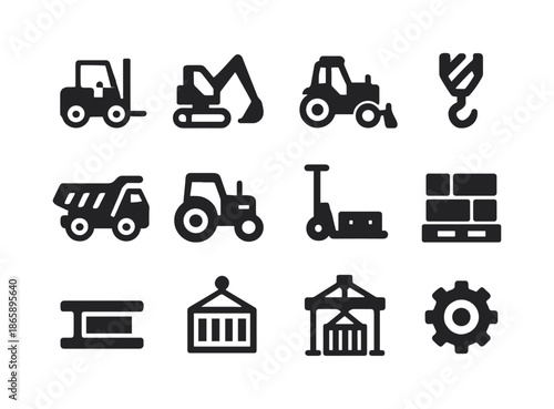 Heavy Machinery Icons. Heavy machinery. Solid icon set of Heavy machinery: forklift, excavator, bulldozer, crane hook, dump truck, tractor, pallet jack,