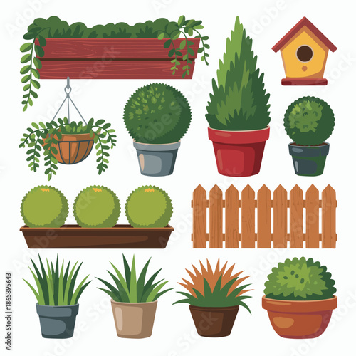 Garden plants potted plants birdhouse fence vector illustration gardening landscaping design elements set