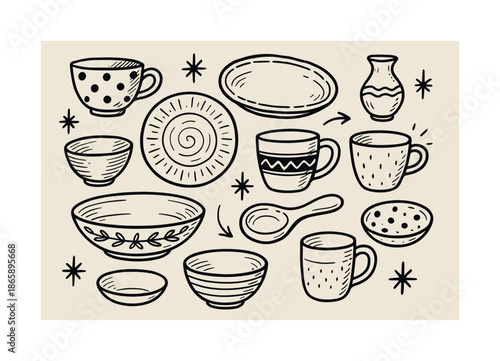Ceramic Doodle Collection. Ceramic dishes. Hand-drawn doodle illustration Ceramic dishes plates, bowls, mugs, serving platter, textures, patterns, spoon rest,