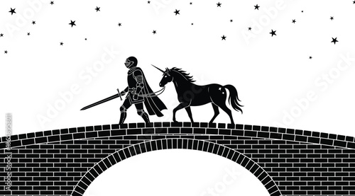 a lone knight and a majestic unicorn walk across a stone bridge under a starry night sky silhouette