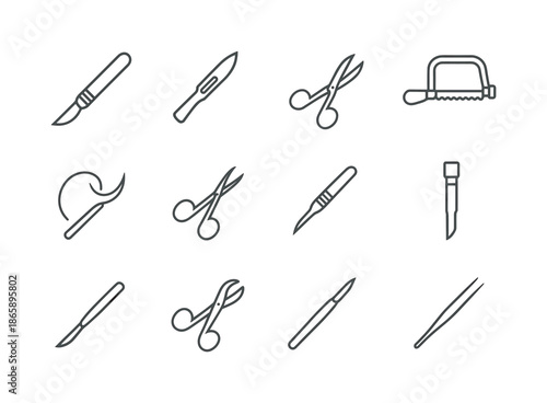 Surgical Tool Icons. Sharp tools. Line icon set of Sharp tools: scalpel handle, replaceable blade, dissecting scissors, bone saw, surgical needle, micro