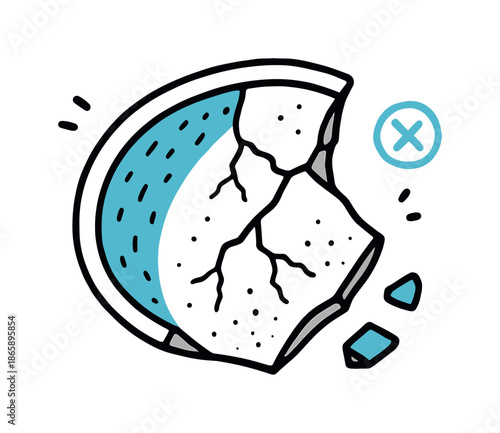 Ceramic Shard Doodle. Ceramic Shard. Hand-drawn doodle illustration Ceramic Shard pottery piece (accented #6fc8e2), crack pattern, painted chip (accented