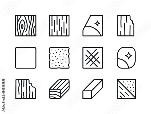 Mixed Texture Icons. Mixed Texture Surfaces. Line icon set of Mixed Texture Surfaces: wood grain, brushed metal, polished steel icon, raw edge plank, smooth