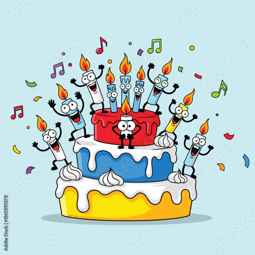 Happy candle characters dancing on top of big birthday cake with colorful icing and music symbols