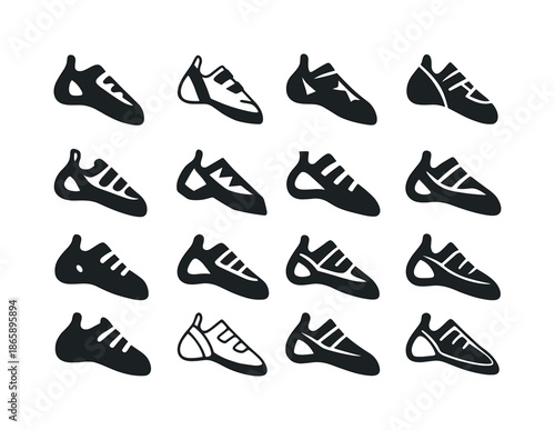 Rock Climbing Logos. rock climbing expeditions. Icon set. Set Logo of rock climbing expeditions: climbing shoe profile. harmonious logo variations of the same