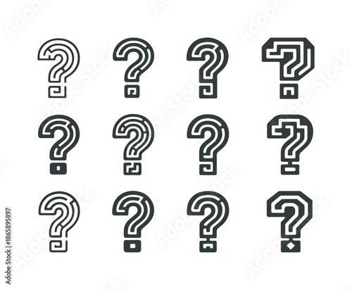 Curiosity Emblem Variations. Curiosity. Icon set. Set Logo of Curiosity: maze path forming a question mark. harmonious logo variations of the same emblematic