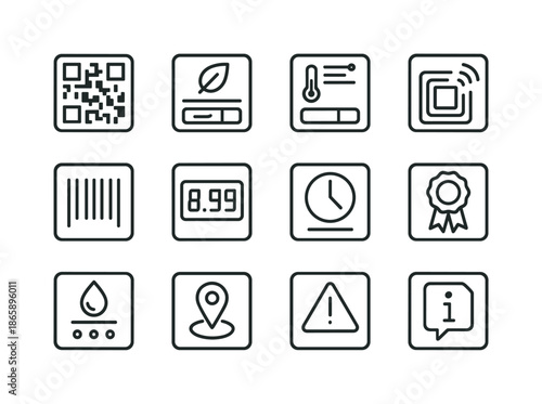 Smart Packaging Icons. Smart packaging labels. Line icon set of smart packaging labels: QR code, freshness sensor, temperature strip, RFID tag, barcode,