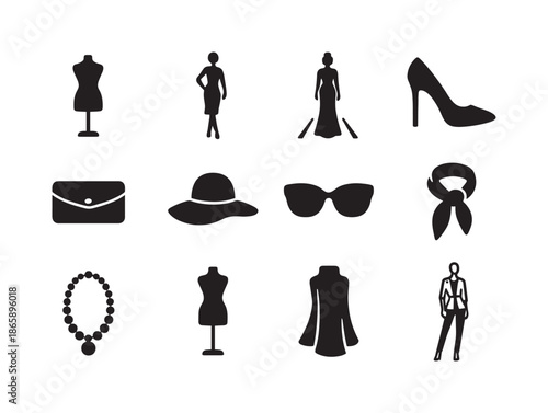 Fashion Icon Set. Fashion figure. Solid icon set of fashion figure: mannequin, fashion pose silhouette, runway model, high heel, clutch bag, hat, sunglasses,