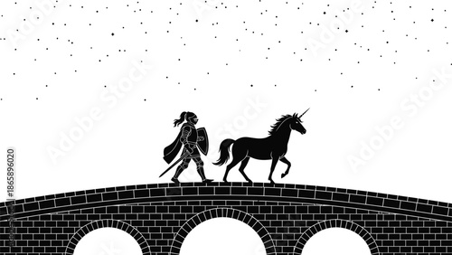 A knight on horseback crossing an arched bridge under a starry sky a striking silhouette