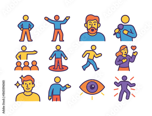 Stage Presence Icons. Stage presence. Colorful flat vector icons set of stage presence: confidence pose, dramatic gesture, expressive face,