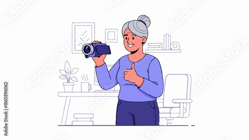 Elderly woman holding camcorder, giving thumbs up in office