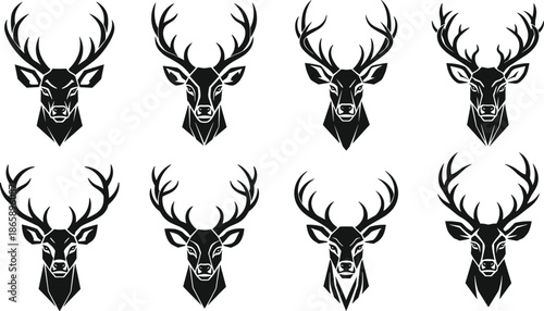 Black deer head silhouette icon set with large antlers, buck stag trophy symbols for hunting club, forest wildlife nature logo,