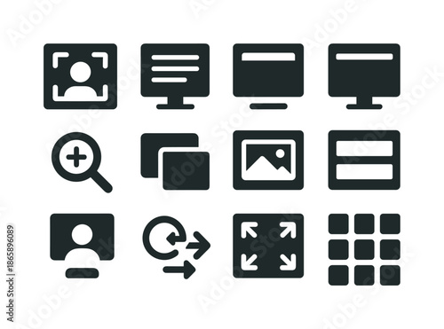 Efficient Screen Icons. Efficient screen usage. Solid icon set of Efficient screen usage: screen focus mode, reading view, minimal ui icon, quick launcher,