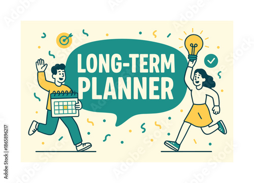 Long-Term Planning Banner. Long-term planner banner, flat vector illustration, bold oversized text inside rounded blob banner shape, cartoon characters running