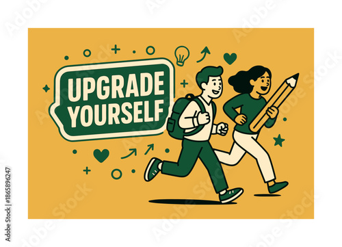 Upgrade Yourself Banner. Upgrade Yourself banner, flat vector illustration, bold oversized text inside sticker outline banner, cartoon characters running