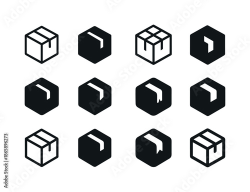 Sealed Parcel Icons. Sealed parcel. Icon set. Set Logo of sealed parcel: taped box. harmonious logo variations of the same emblematic concept, each with