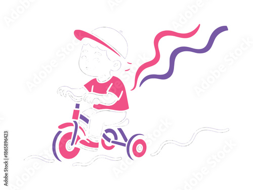 Child's Tricycle Adventure. Tricycle joy. A child rides in a playful zigzag; floating ribbons dance beside them. The moment feels carefree. Modern flat-line