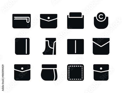 Pocket Icons Collection. Pockets and compartments. Solid icon set of pockets and compartments: zipper pocket, button flap, card slot, coin slot, hidden pocket,