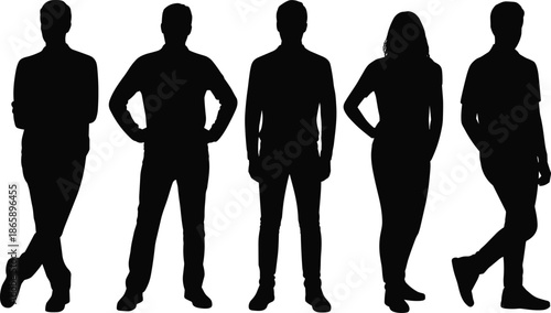 Silhouette, group, of, five, people, standing, together, anonymous, figures, black, outline, diverse, team, human, crowd, isolated, on, white, background, concept