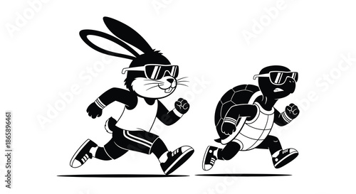 a dynamic illustration of a rabbit and a turtle energetically racing forward depicted as a silhouette