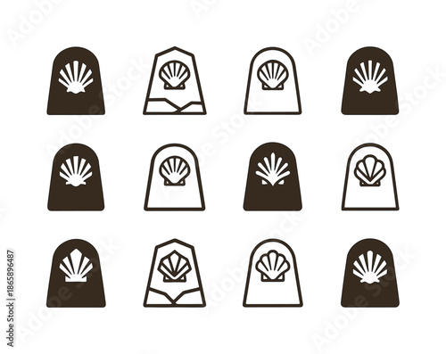 Sacred Pilgrimage Icons. Pilgrimage routes and sacred destinations. Icon set. Set Logo of pilgrimage routes and sacred destinations: ancient stone marker.