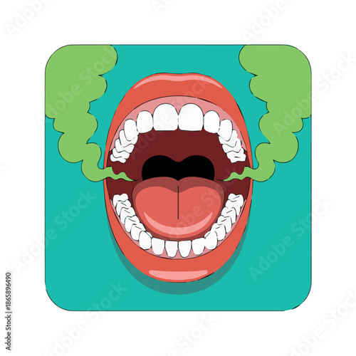 Bad breath halitosis mouth odor dental hygiene oral health tongue teeth gums illustration cartoon drawing